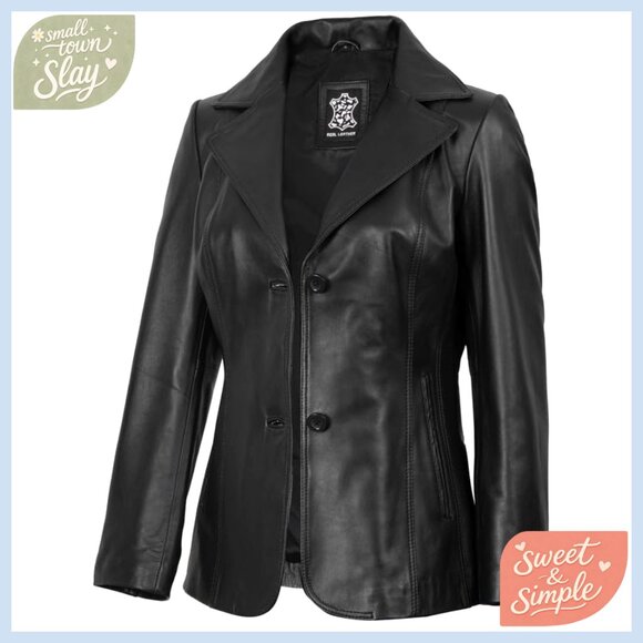 Lambskin Leather Blazer Jacket with Notched Lapel and Pockets